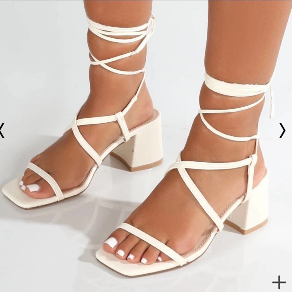 Public Desire Mabel Wide Fit Off White Ankle Tie Block Heeled Sandals Size UK 8W